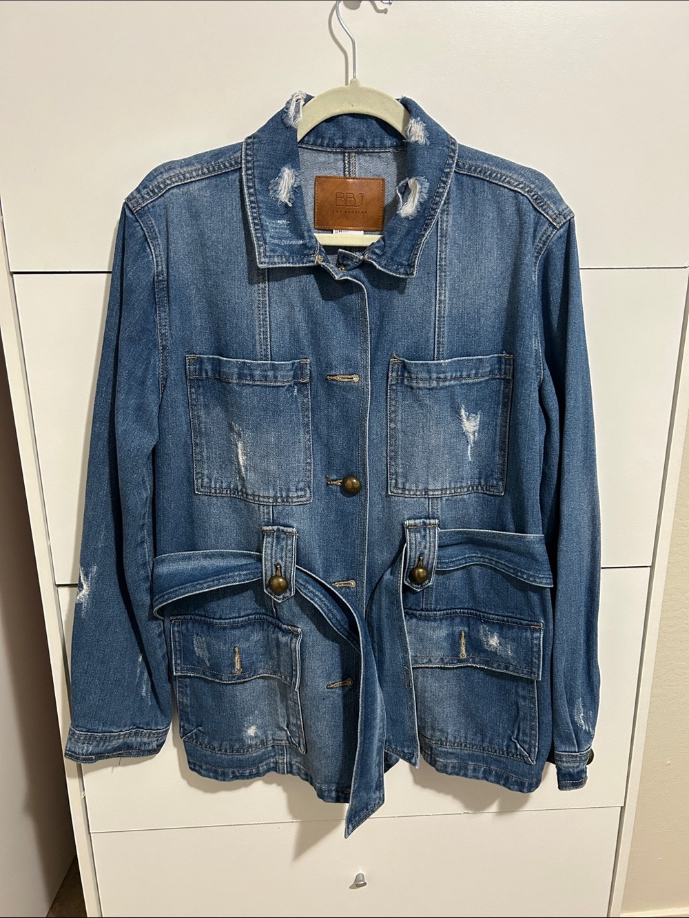 Denim Utility Jacket with Belt - Distressed Blue
